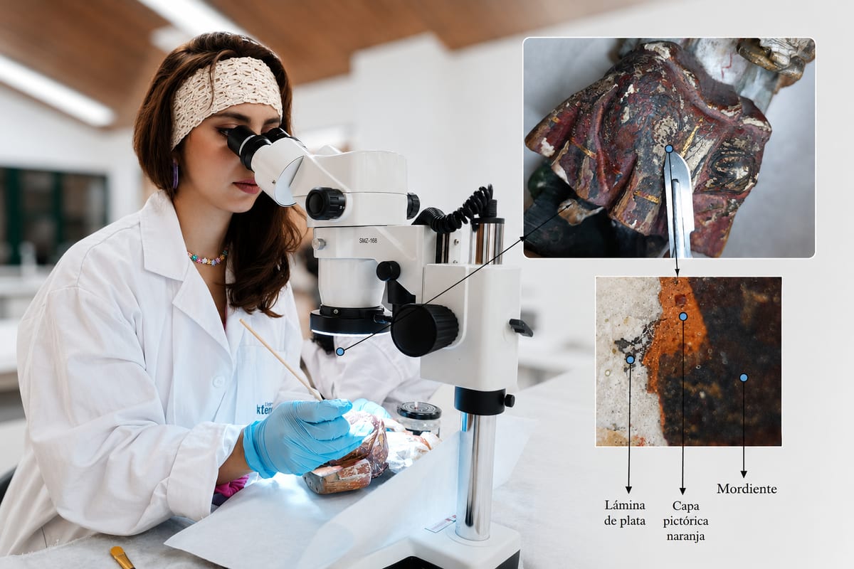 Análisis técnico con microscopio estereoscópico y detalle de cartografía de deterioros.