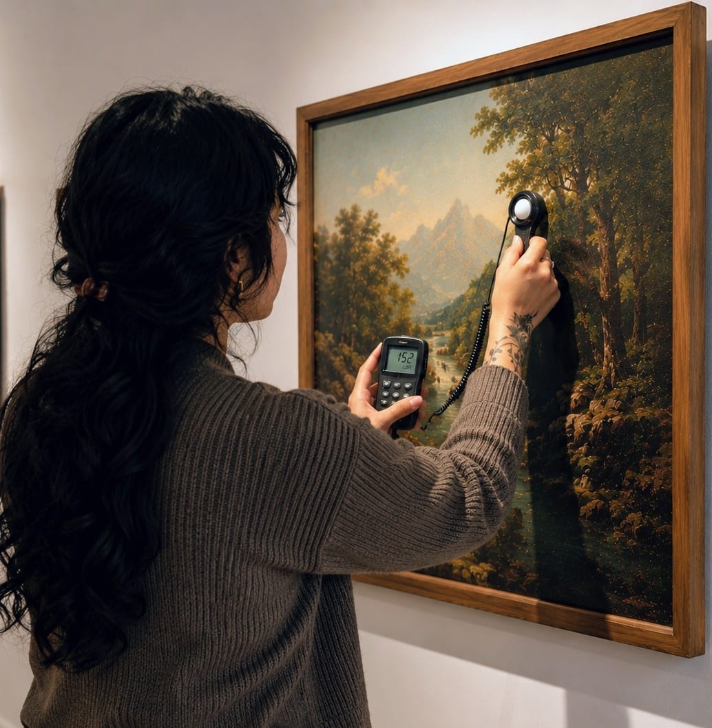Medición de iluminación con luxómetro frente a una pintura en sala de exhibición.